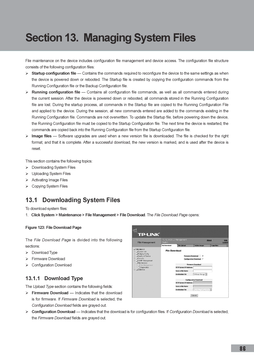 TP-Link TL-SL3452, TL-SL3428 manual Managing System Files, Downloading System Files, Download Type, To download system files 