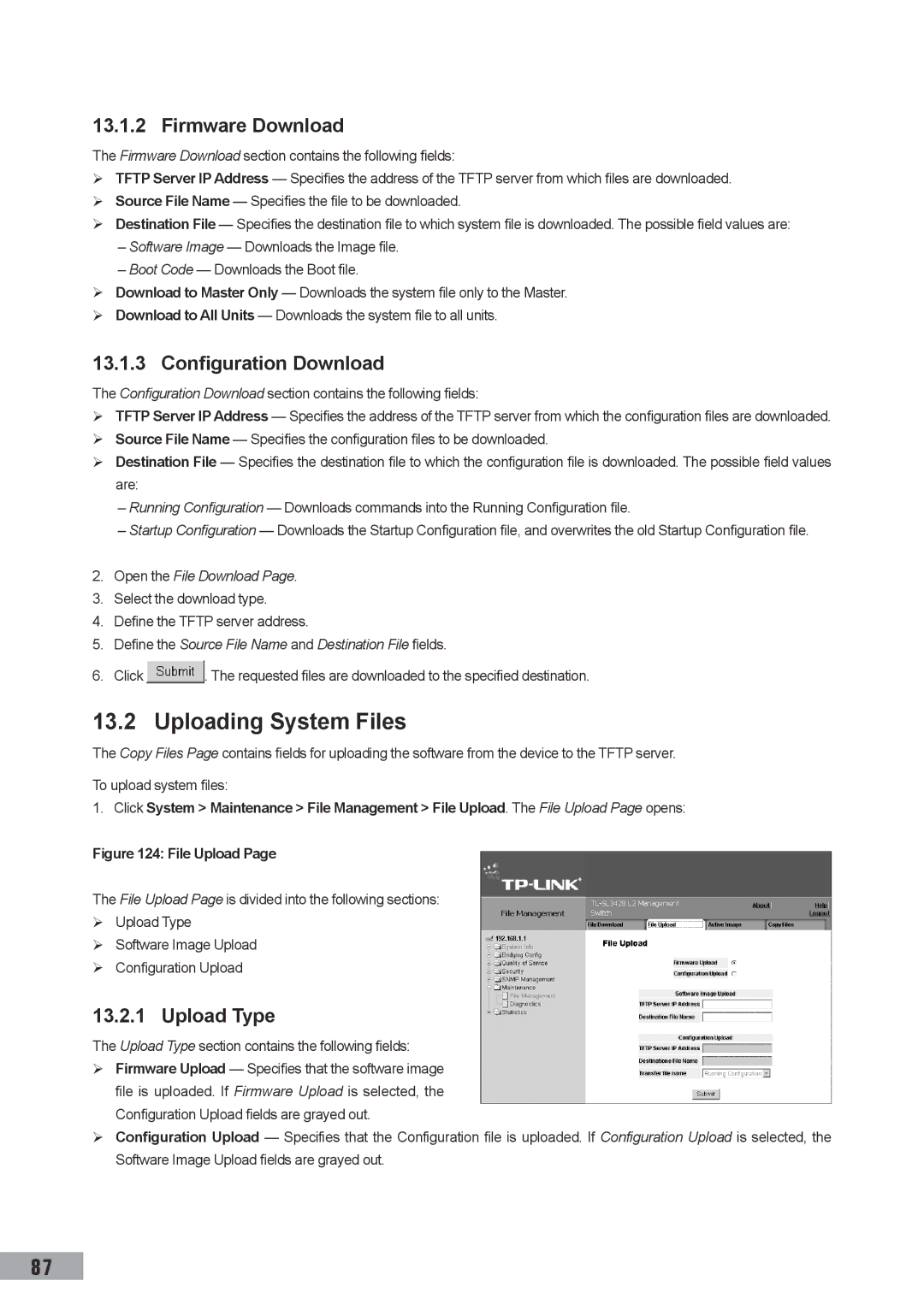 TP-Link TL-SL3428, TL-SL3452, TL-SG3109 manual Uploading System Files, Firmware Download, Configuration Download, Upload Type 