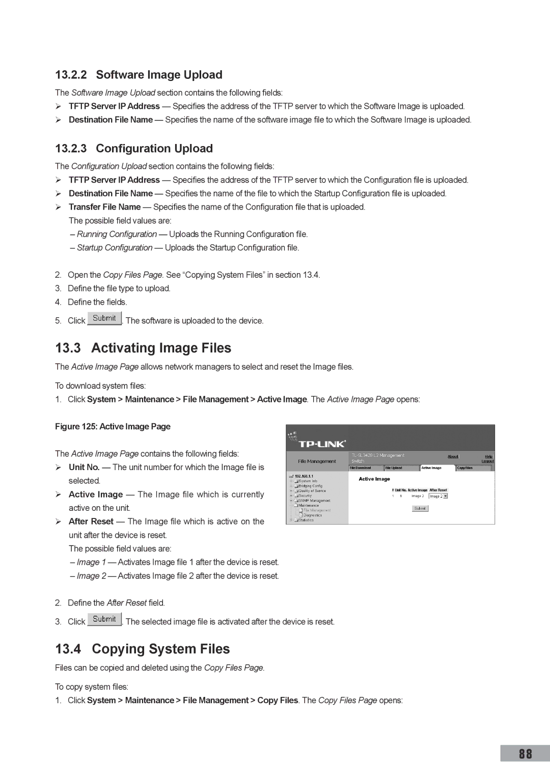 TP-Link TL-SG3109, TL-SL3452 Activating Image Files, Copying System Files, Software Image Upload, Configuration Upload 