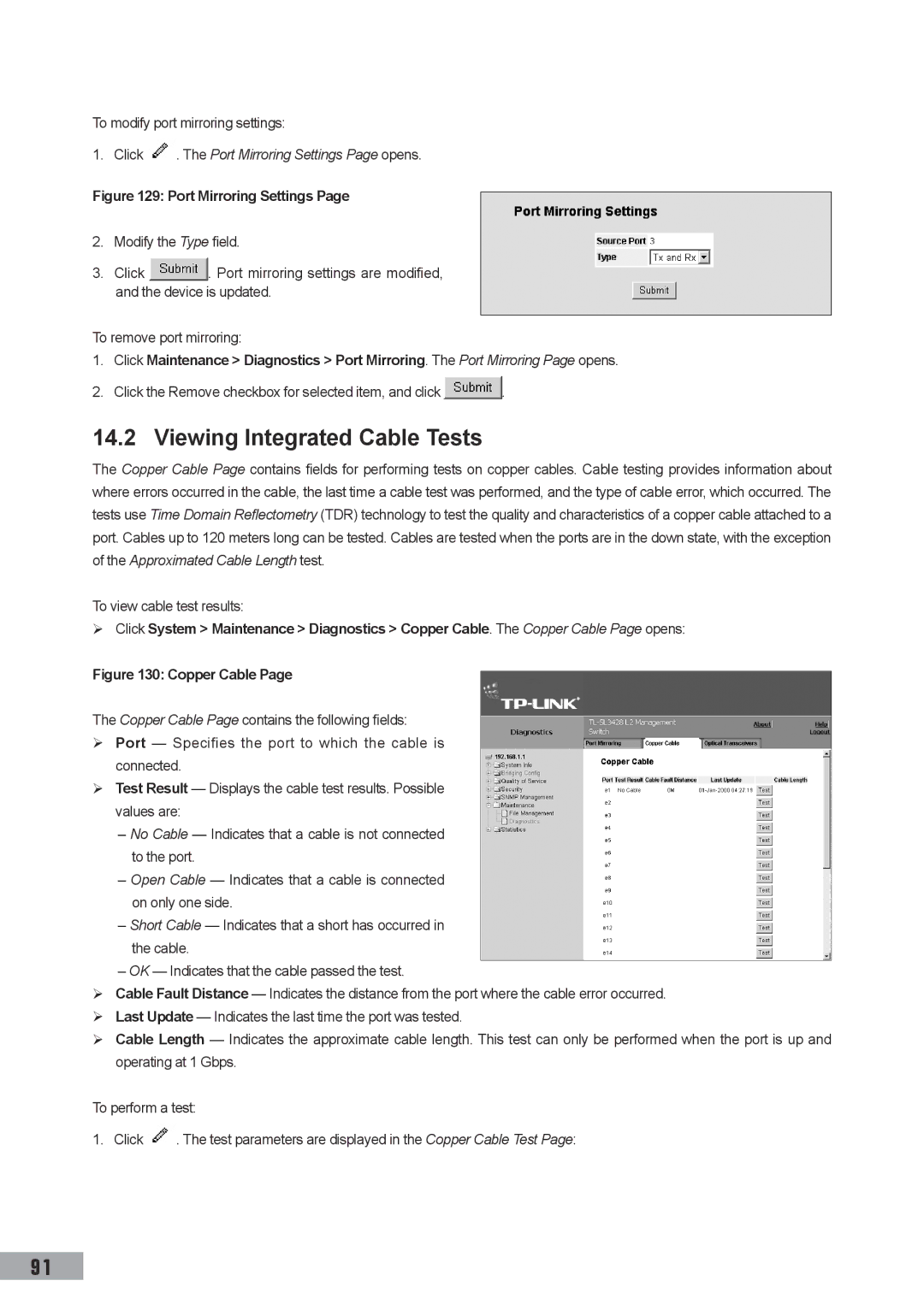 TP-Link TL-SG3109, TL-SL3452, TL-SL3428 manual Viewing Integrated Cable Tests, To modify port mirroring settings 