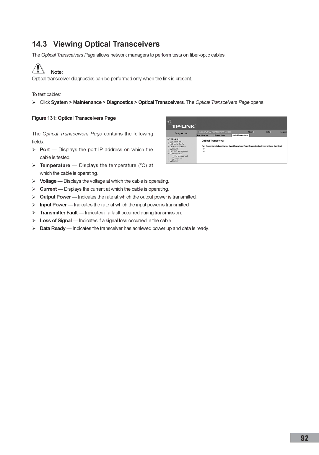 TP-Link TL-SL3452, TL-SL3428 manual Viewing Optical Transceivers, Optical Transceivers Page contains the following fields 