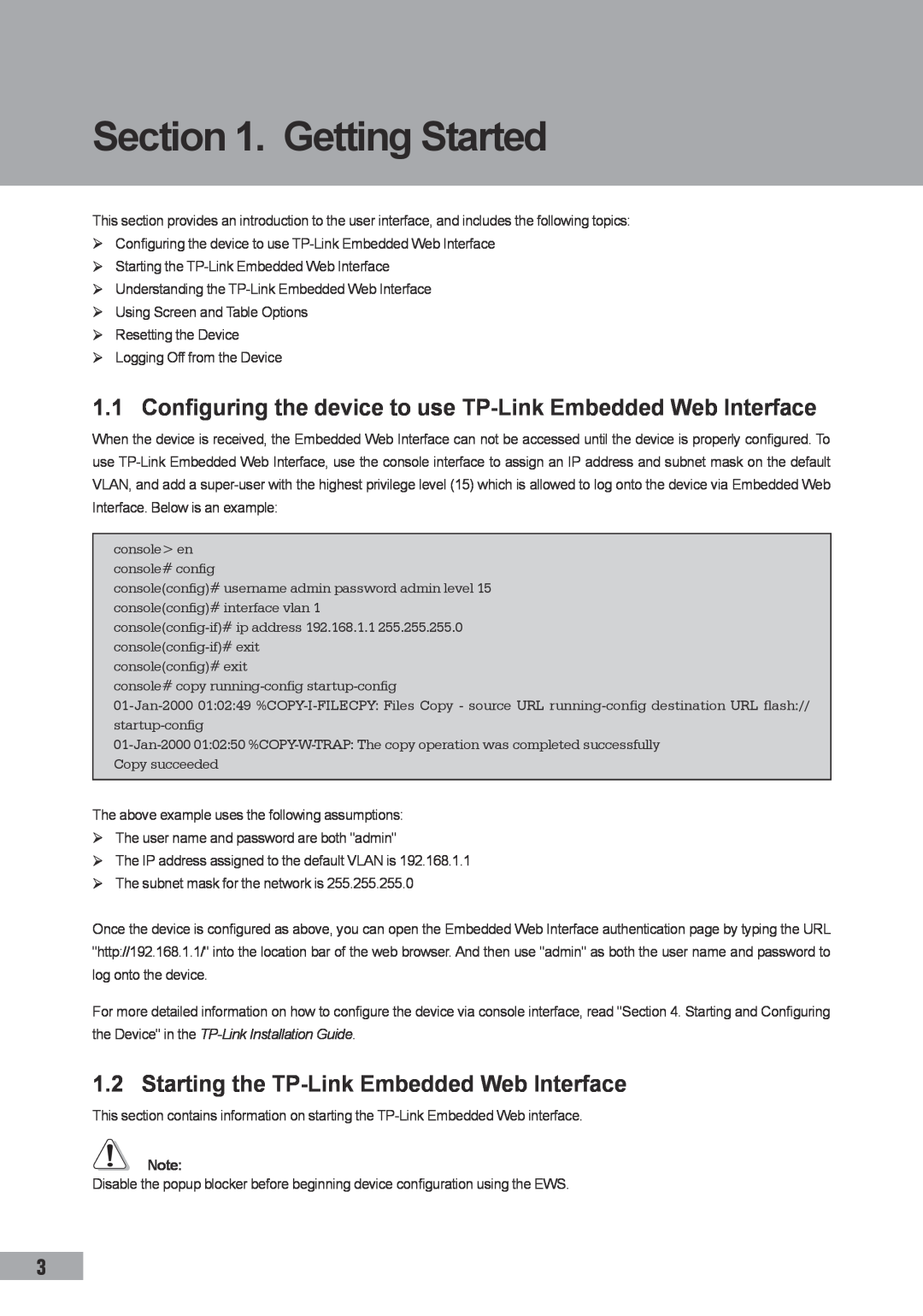 TP-Link TL-SL3428, TL-SL3452, TL-SG3109 manual Getting Started, Configuring the device to use TP-Link Embedded Web Interface 
