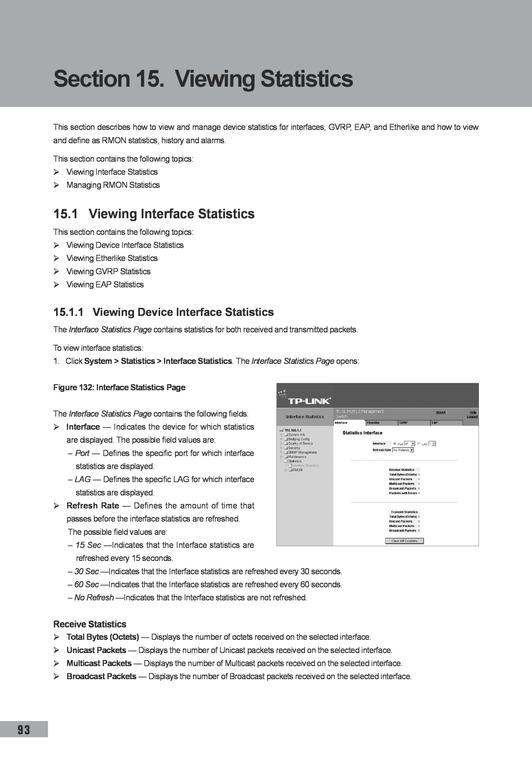 TP-Link TL-SL3428, TL-SL3452 manual Viewing Statistics, Viewing Interface Statistics, Viewing Device Interface Statistics 