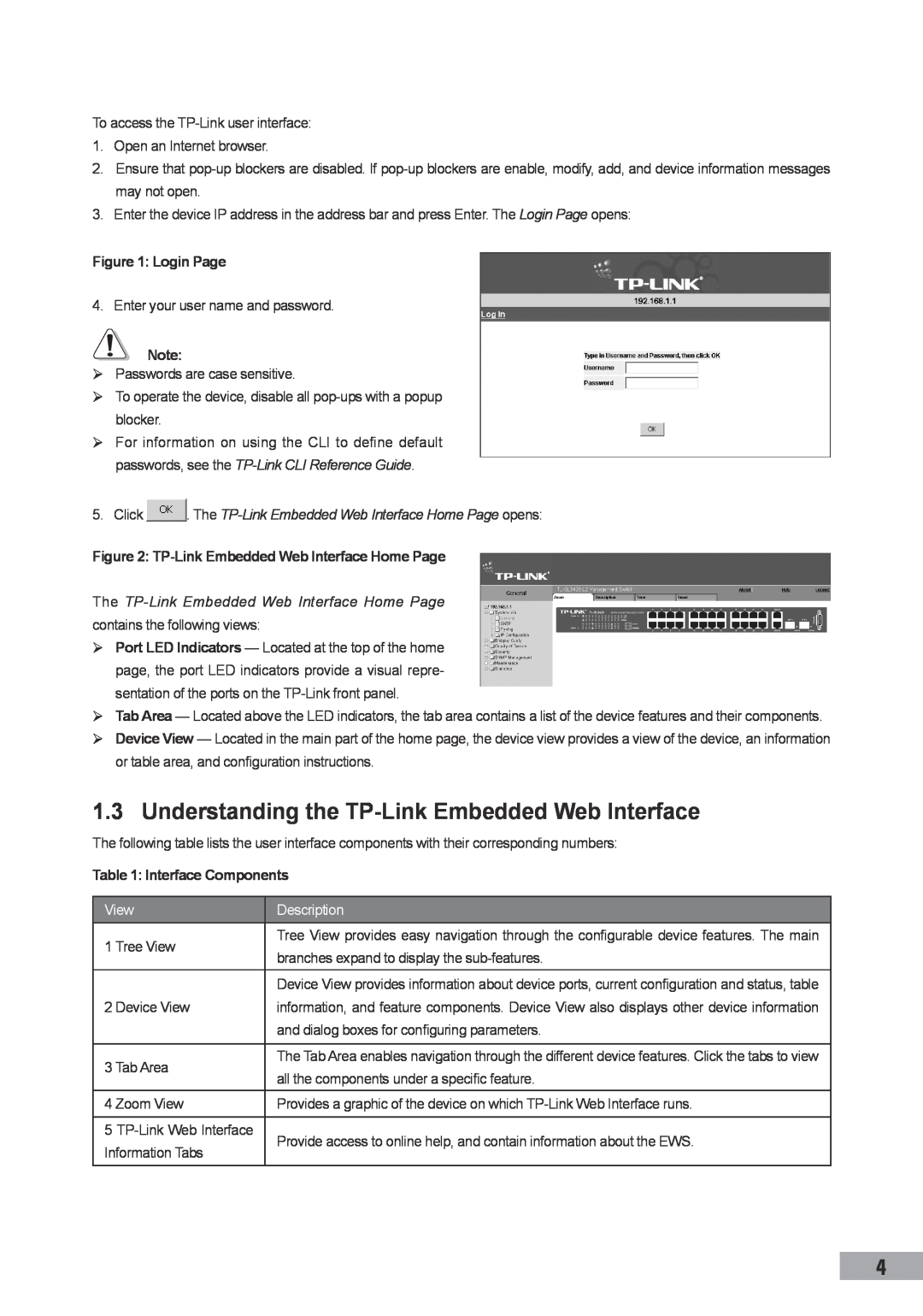 TP-Link TL-SG3109 Understanding the TP-Link Embedded Web Interface, Login Page, TP-Link Embedded Web Interface Home Page 