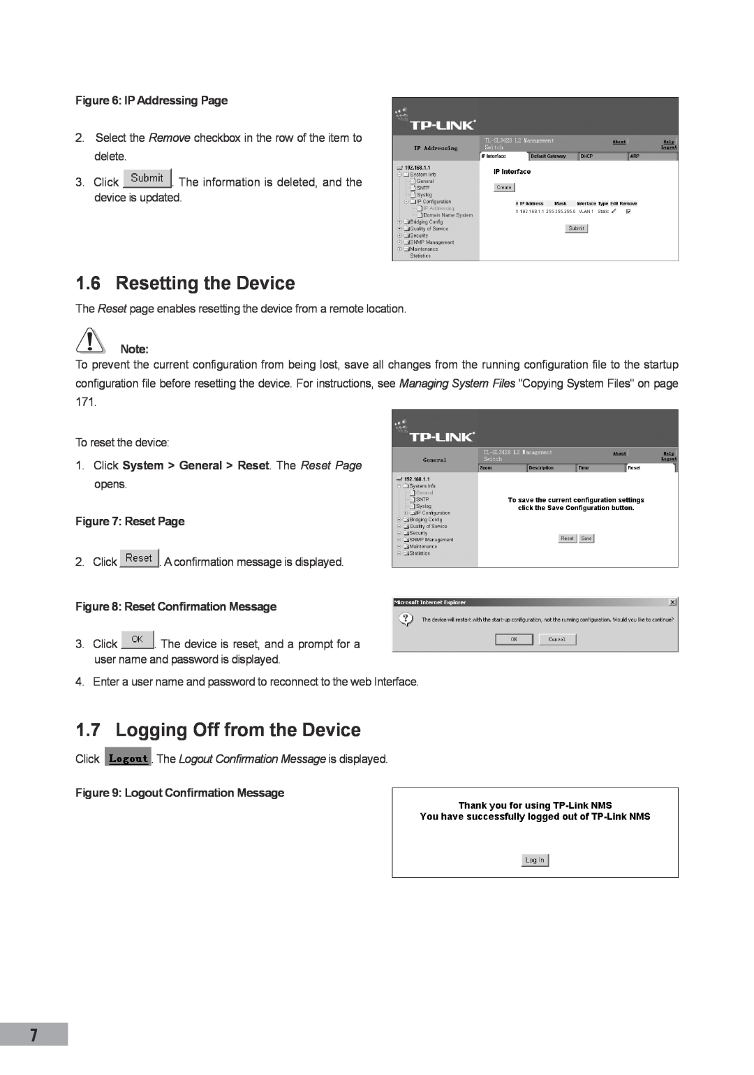 TP-Link TL-SG3109, TL-SL3452, TL-SL3428 Resetting the Device, Logging Off from the Device, IP Addressing Page, Reset Page 