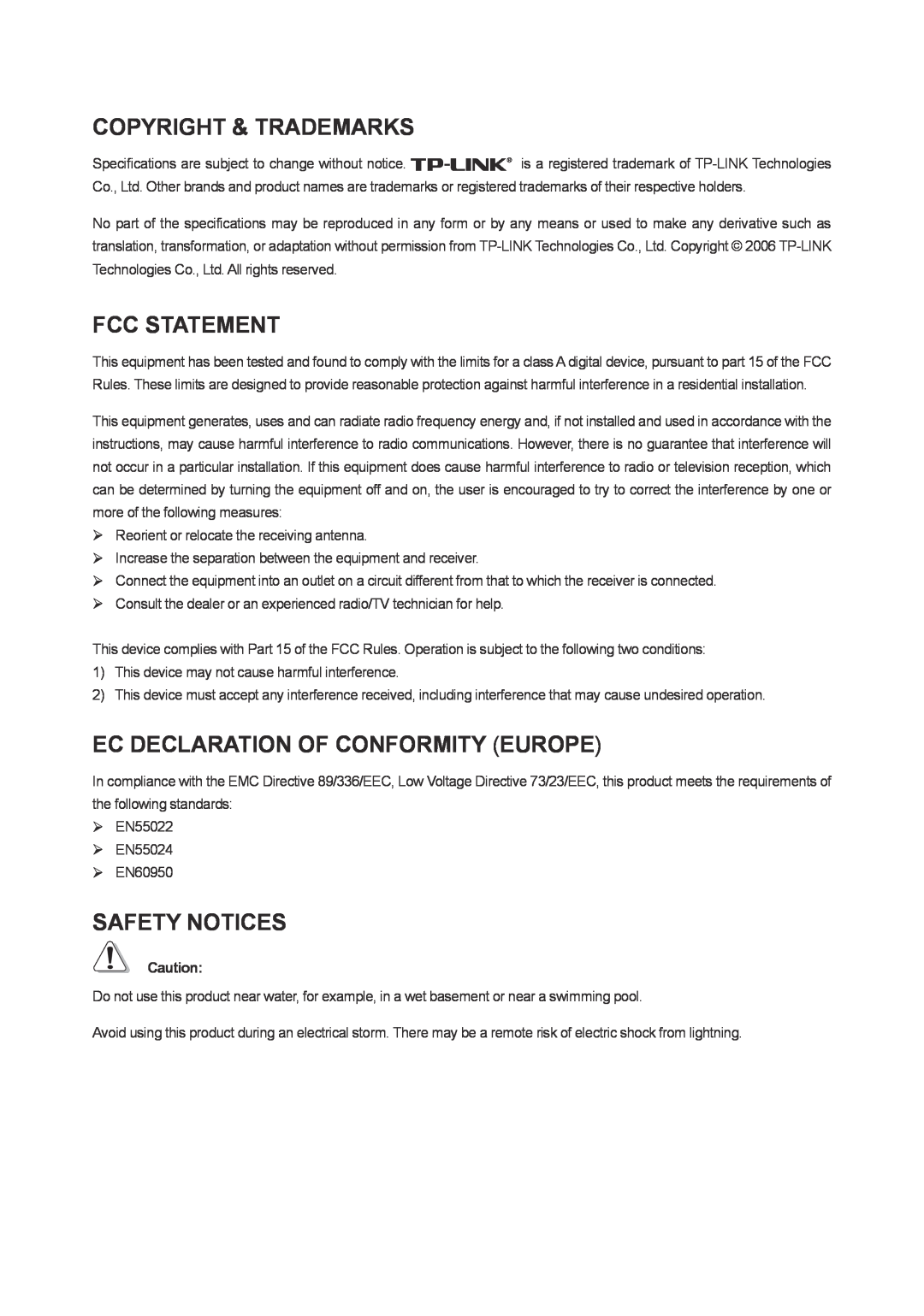 TP-Link TL-SG3109, TL-SL3452 Copyright & Trademarks, Fcc Statement, Ec Declaration Of Conformity Europe, Safety Notices 