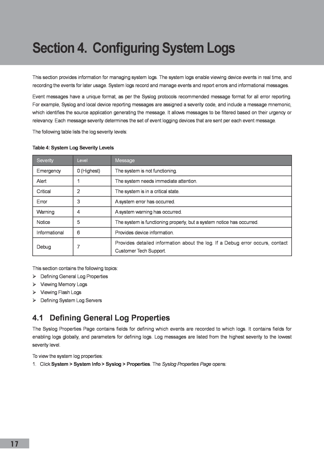 TP-Link TL-SL3452, TL-SL3428 Configuring System Logs, Defining General Log Properties, System Log Severity Levels, Message 