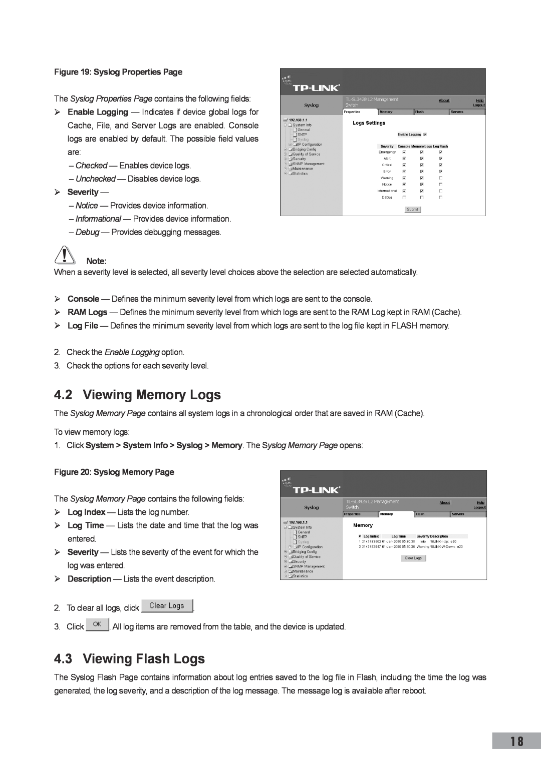 TP-Link TL-SL3428 manual Viewing Memory Logs, Viewing Flash Logs, Syslog Properties Page,  Severity, Syslog Memory Page 