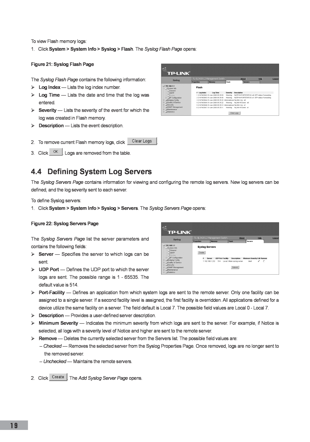 TP-Link TL-SG3109, TL-SL3452, TL-SL3428 manual Defining System Log Servers, Syslog Flash Page, Syslog Servers Page 
