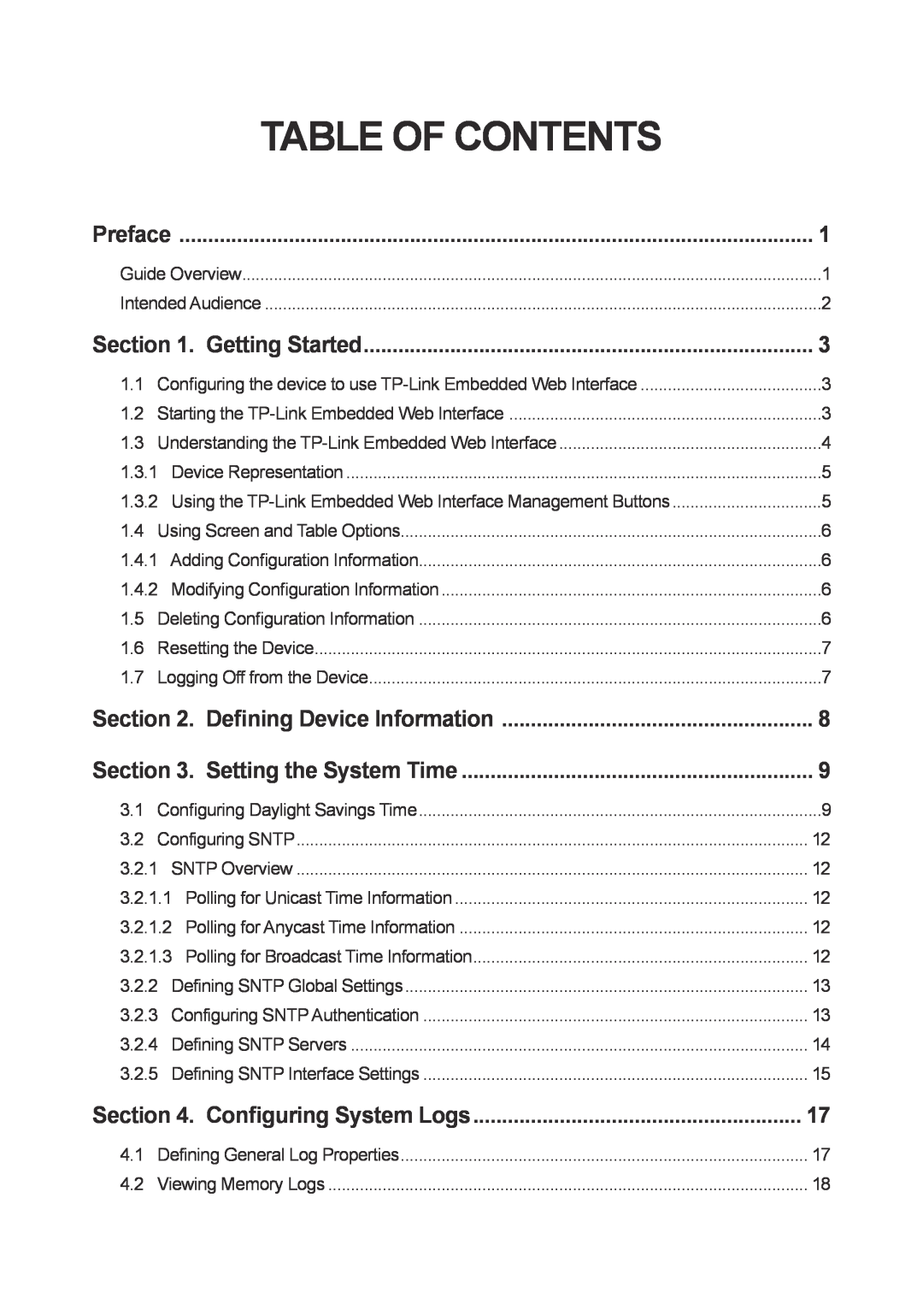 TP-Link TL-SL3452 manual Table Of Contents, Defining Device Information, Setting the System Time, Configuring System Logs 