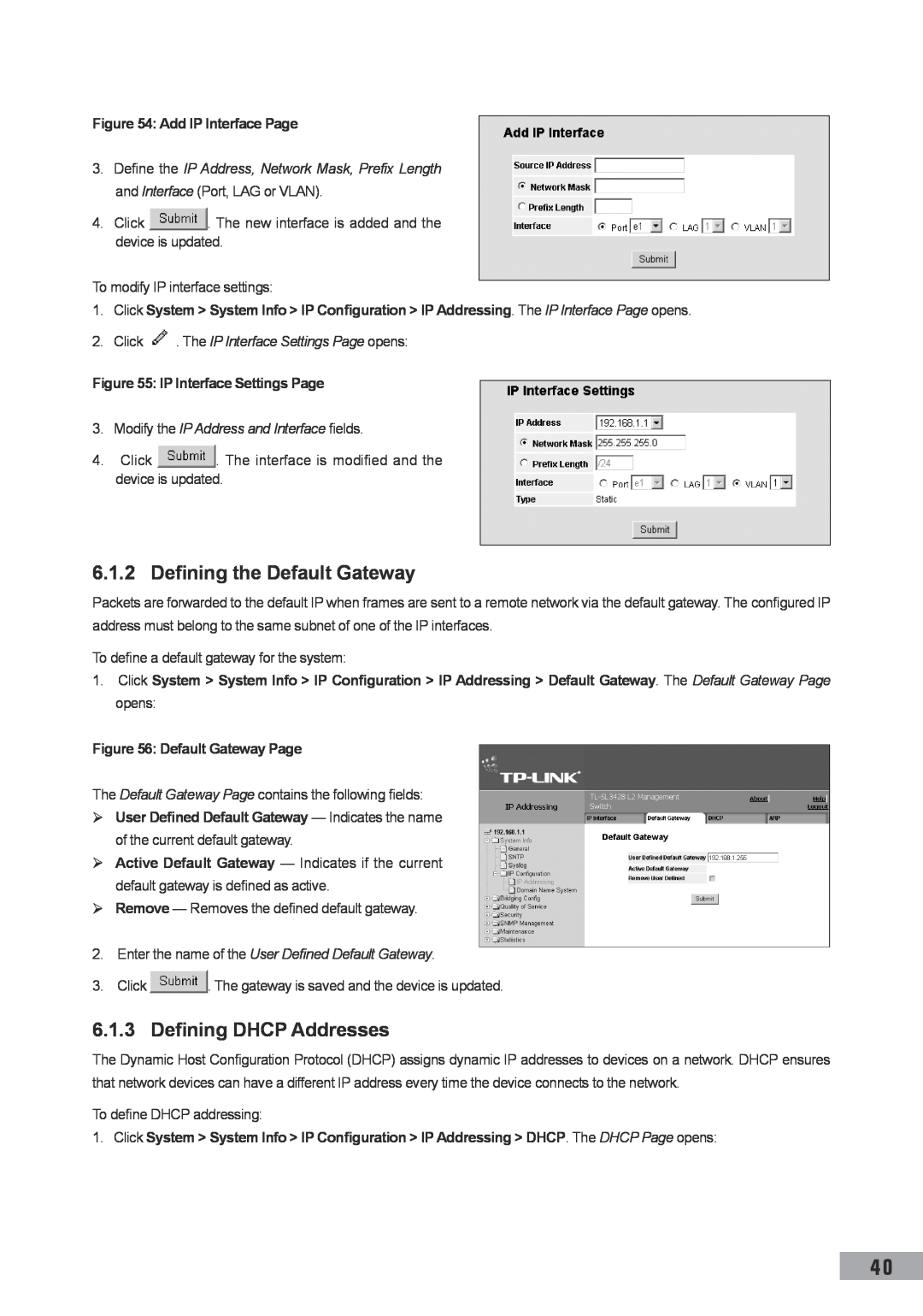 TP-Link TL-SG3109 Defining the Default Gateway, Defining DHCP Addresses, Add IP Interface Page, IP Interface Settings Page 