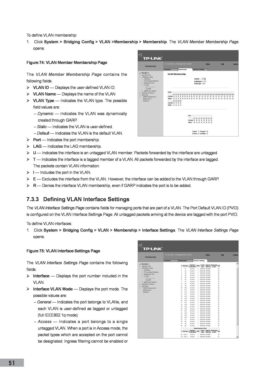 TP-Link TL-SL3428, TL-SL3452 Defining VLAN Interface Settings, VLAN Member Membership Page, VLAN Interface Settings Page 