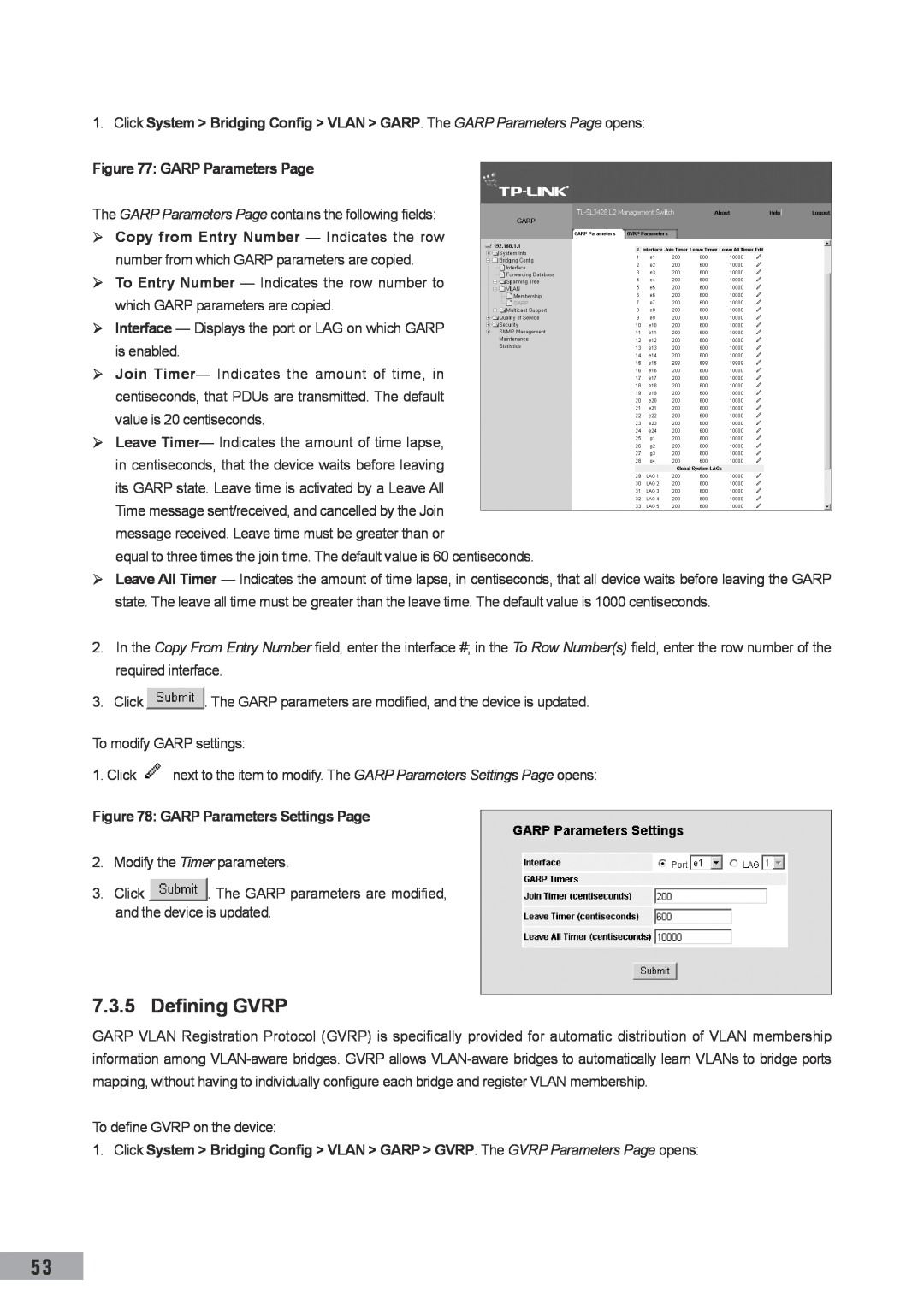 TP-Link TL-SL3452, TL-SL3428, TL-SG3109 manual Defining GVRP, GARP Parameters Page, GARP Parameters Settings Page 