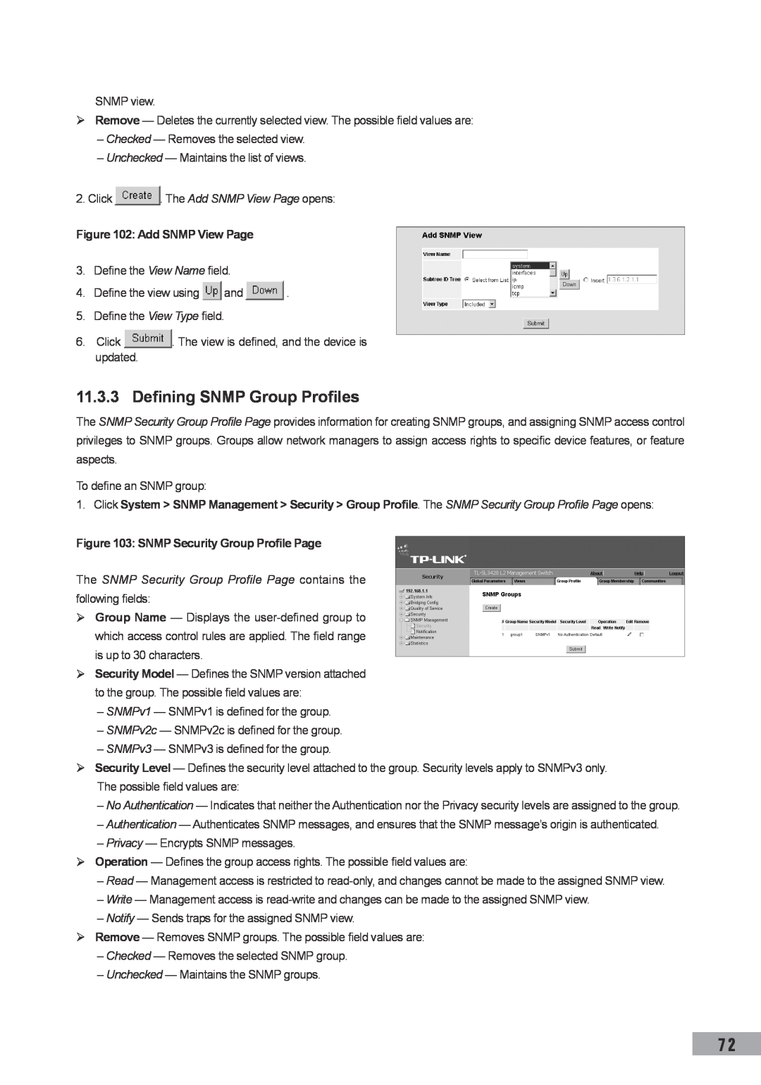 TP-Link TL-SL3428 Defining SNMP Group Profiles, Click . The Add SNMP View Page opens, SNMP Security Group Profile Page 