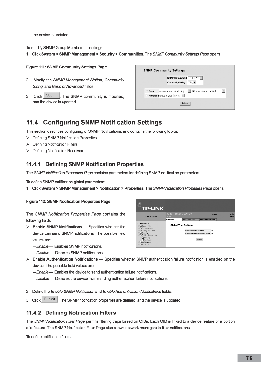 TP-Link TL-SG3109, TL-SL3452, TL-SL3428 manual Configuring SNMP Notification Settings, Defining SNMP Notification Properties 