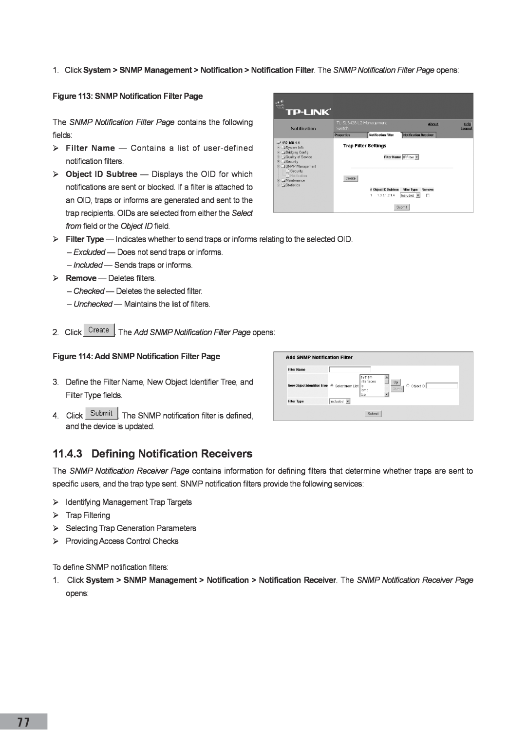 TP-Link TL-SL3452 manual Defining Notification Receivers, SNMP Notification FiIter Page, Add SNMP Notification Filter Page 