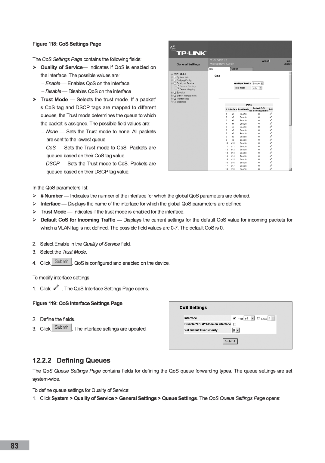 TP-Link TL-SL3452, TL-SL3428, TL-SG3109 manual Defining Queues, CoS Settings Page, QoS Interface Settings Page 