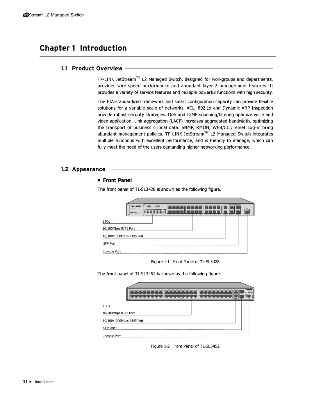 TP-Link TL-SL3452, TL-SL3428 manual CCCCCCCCCCCIntroduction, Product Overview, Appearance, Front Panel 