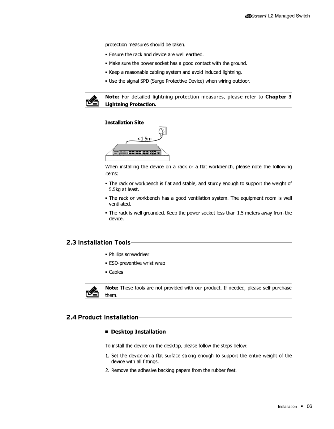 TP-Link TL-SL5428E manual 2222Installation Tools, 2222Product Installation, Installation Site, Desktop Installation 