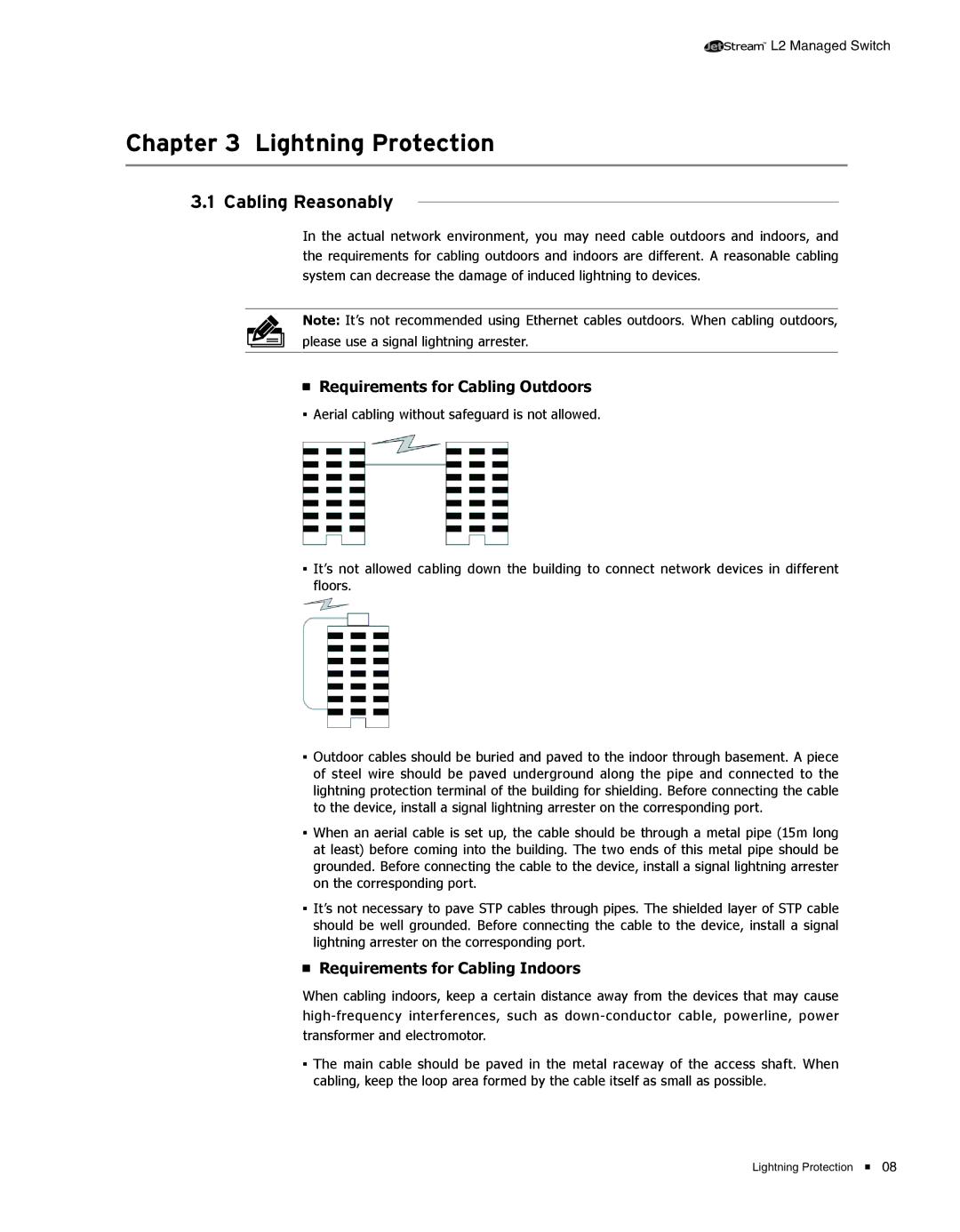 TP-Link TL-SL5428E manual CCCCCCCCCCCLightning Protection, Cabling Reasonably, Requirements for Cabling Outdoors 