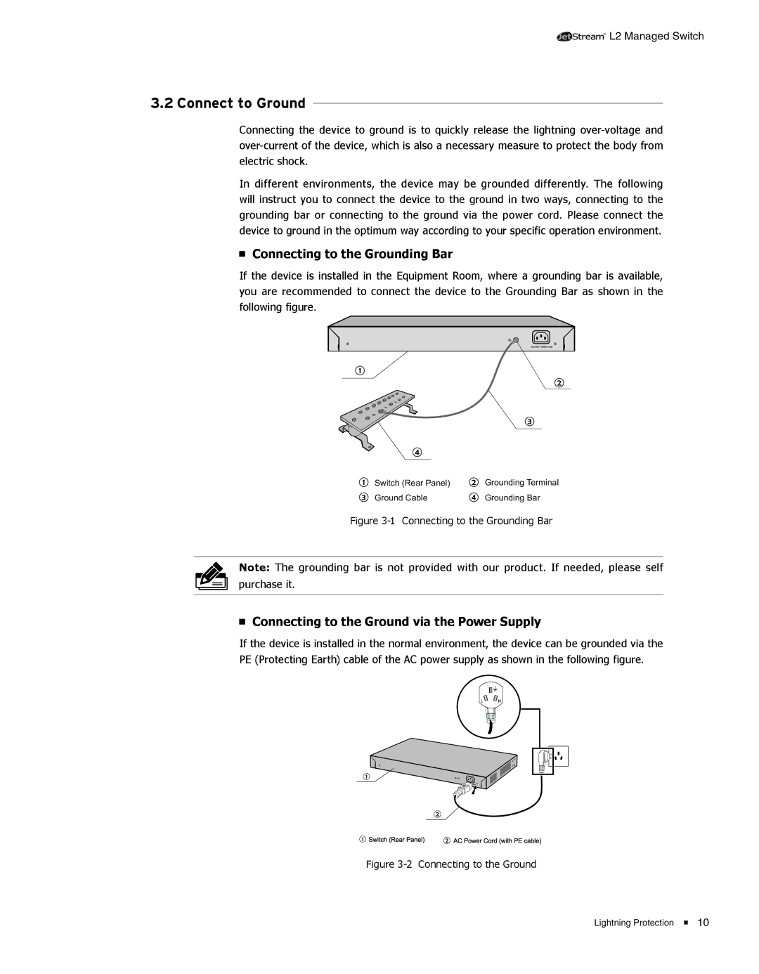 TP-Link TL-SL5428E 3333Connect to Ground, Connecting to the Grounding Bar, Connecting to the Ground via the Power Supply 