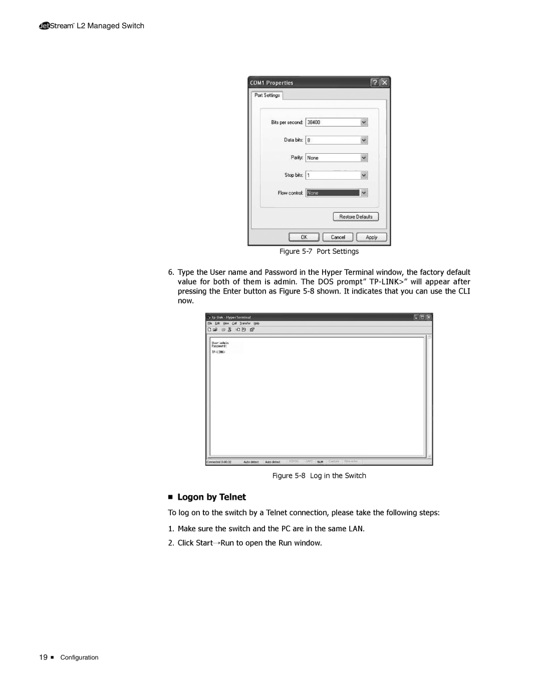 TP-Link TL-SL5428E manual Logon by Telnet 