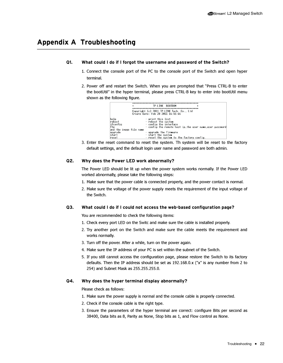 TP-Link TL-SL5428E manual AAAAAAAAAAAATroubleshooting, Qqqq Why does the Power LED work abnormally? 