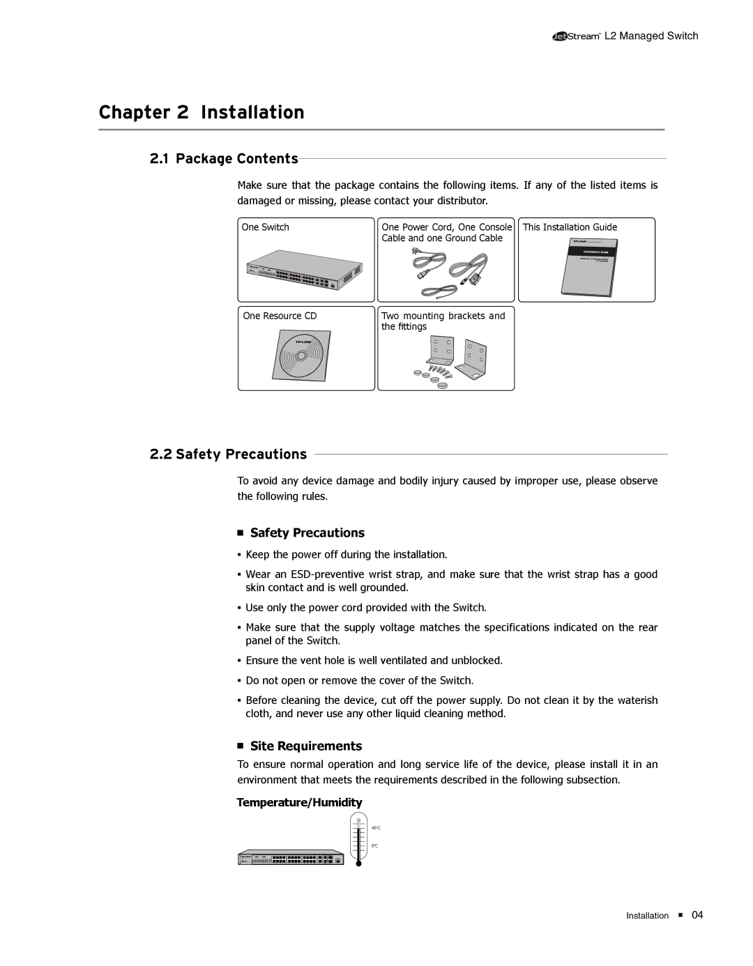 TP-Link TL-SL5428E manual CCCCCCCCCCCInstallation, Package Contents, 2222Safety Precautions 