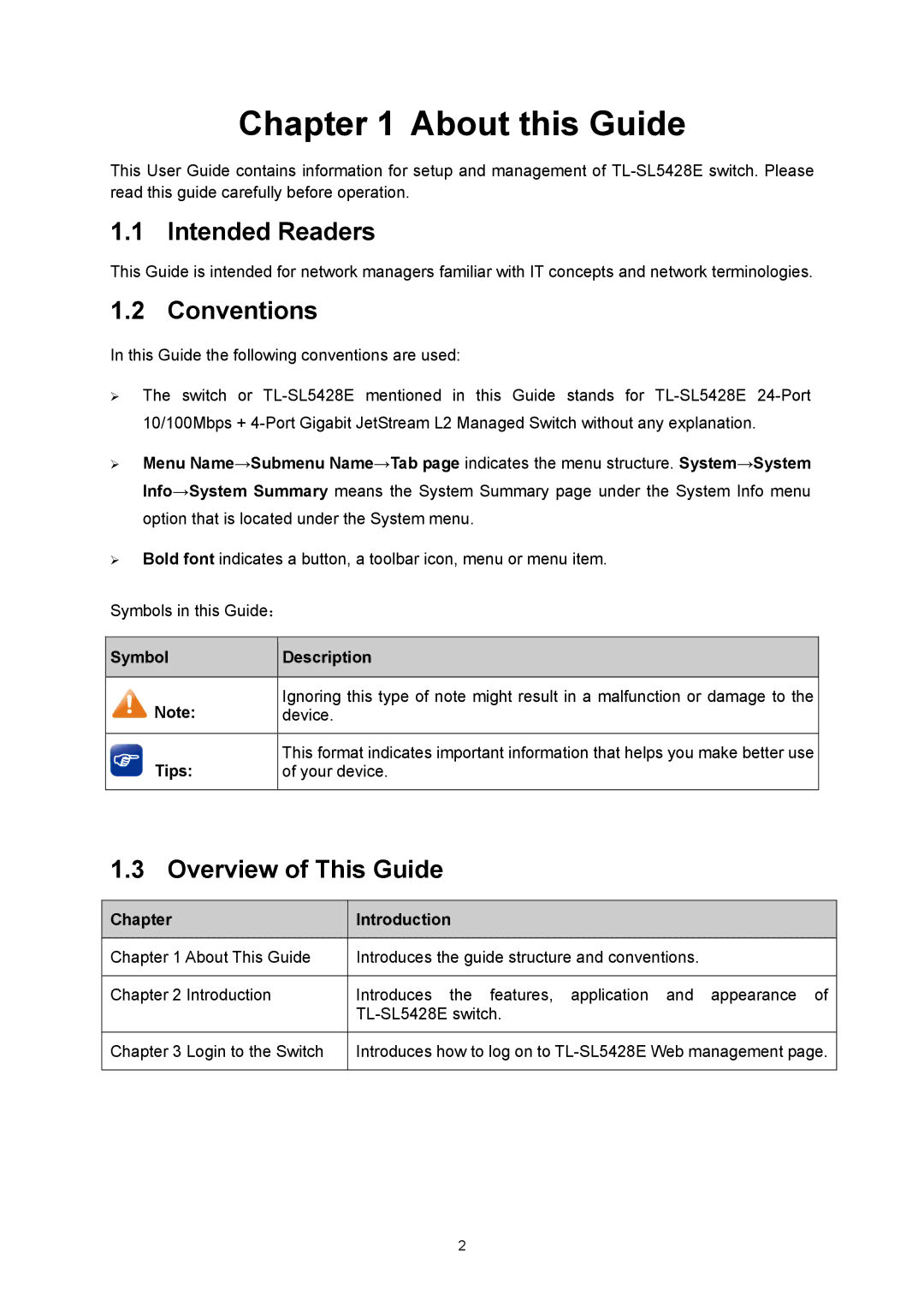 TP-Link TL-SL5428E manual About this Guide, Intended Readers, Conventions, Overview of This Guide 