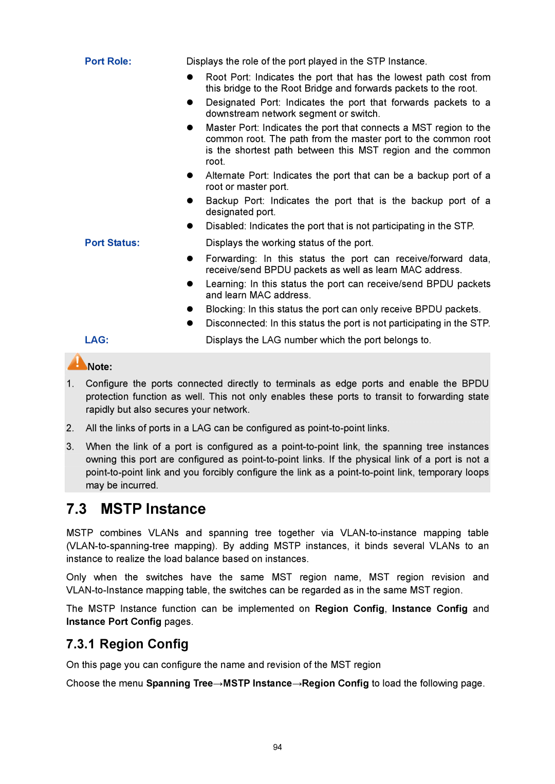 TP-Link TL-SL5428E manual Mstp Instance, Region Config, Port Role, Port Status 