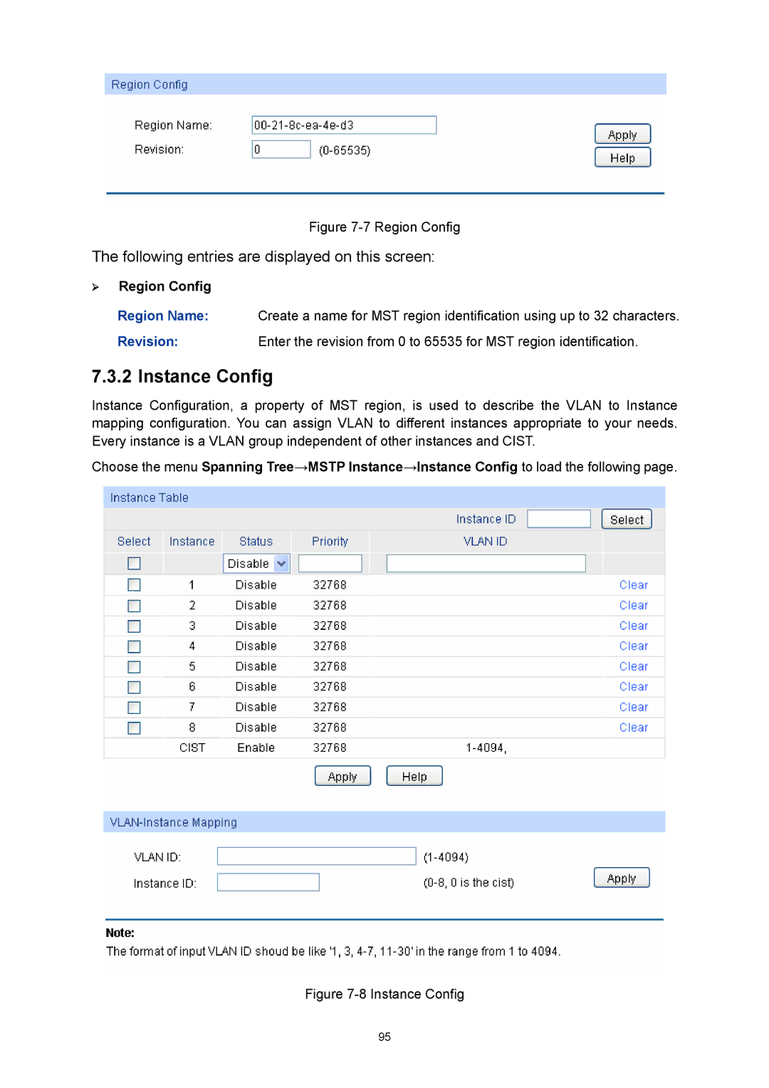 TP-Link TL-SL5428E manual Instance Config, ¾ Region Config 