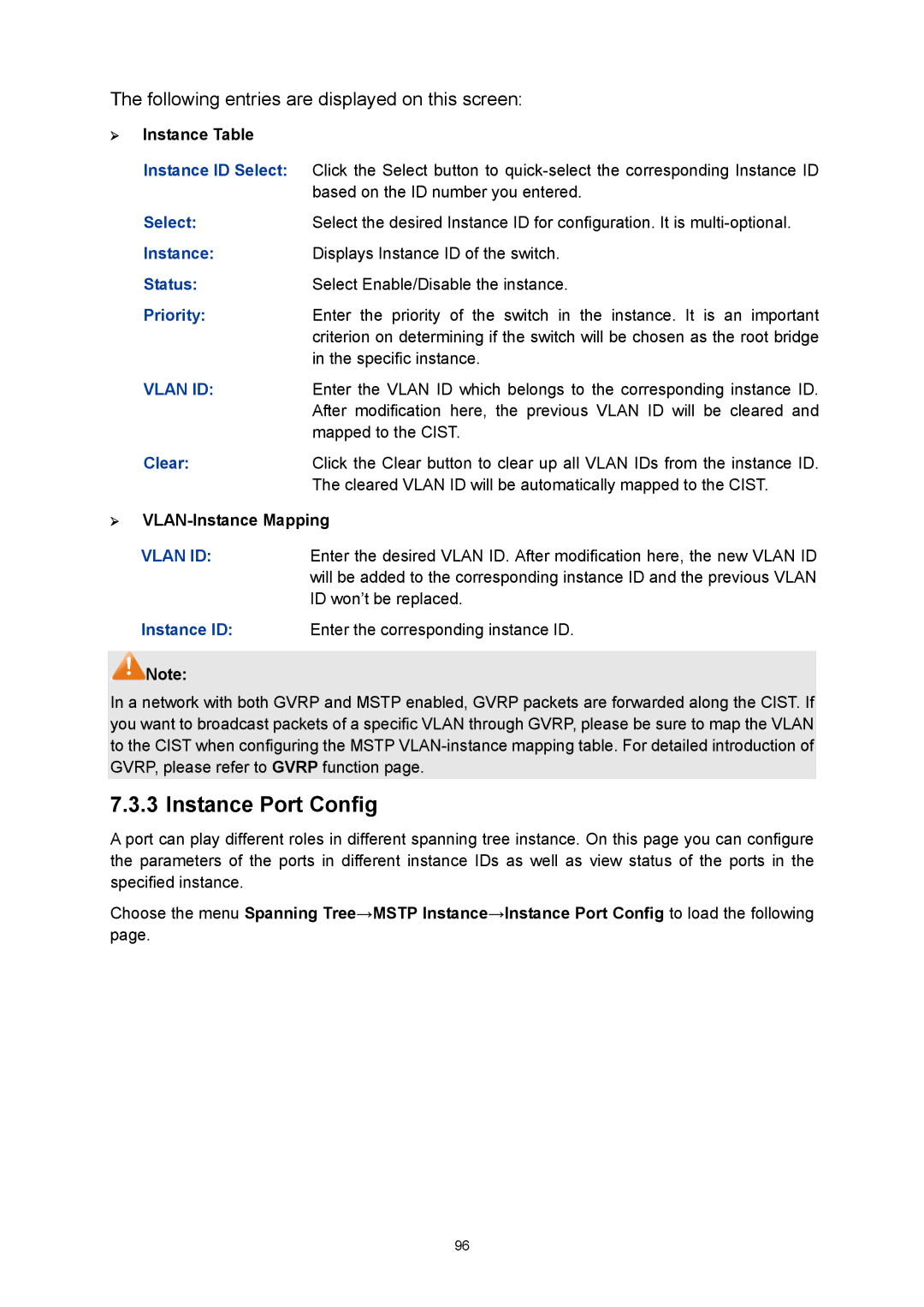 TP-Link TL-SL5428E manual Instance Port Config, ¾ Instance Table, Clear, ¾ VLAN-Instance Mapping 