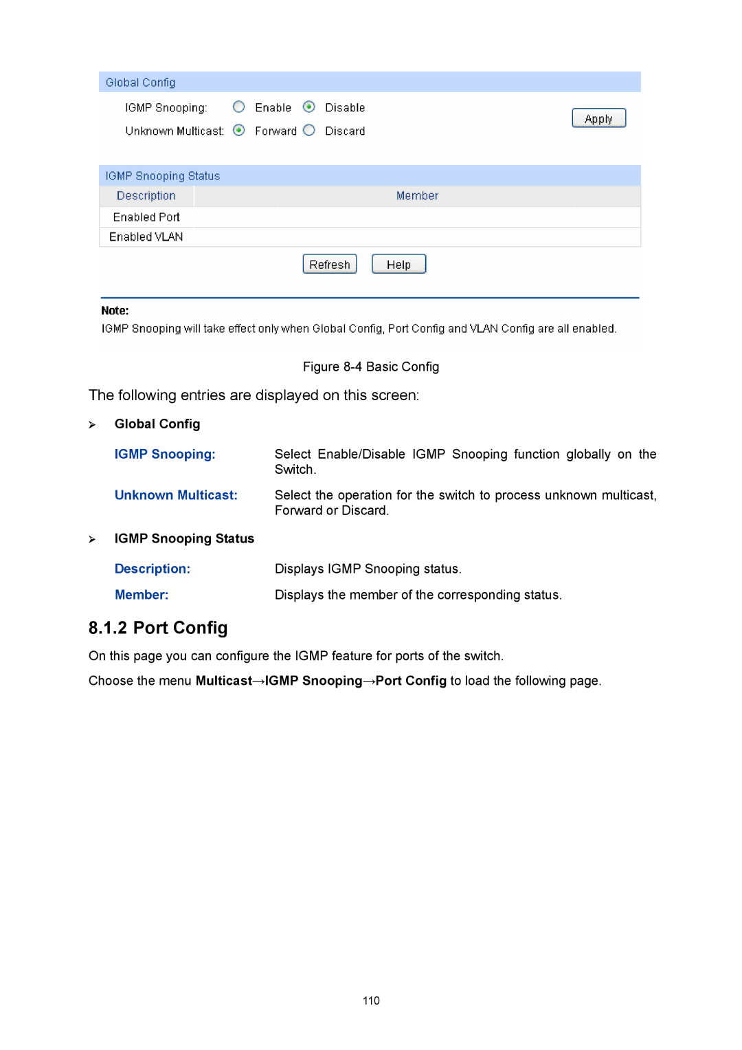 TP-Link TL-SL5428E manual ¾ Igmp Snooping Status, Description Displays Igmp Snooping status Member 