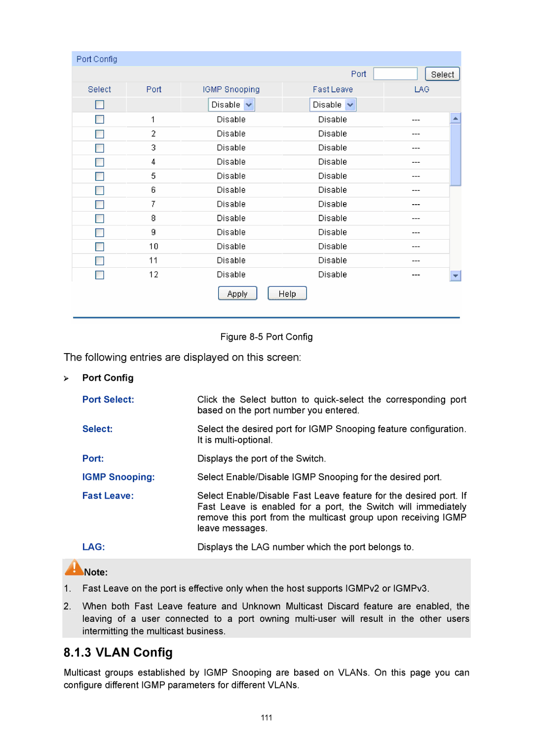 TP-Link TL-SL5428E manual Igmp Snooping, Fast Leave 