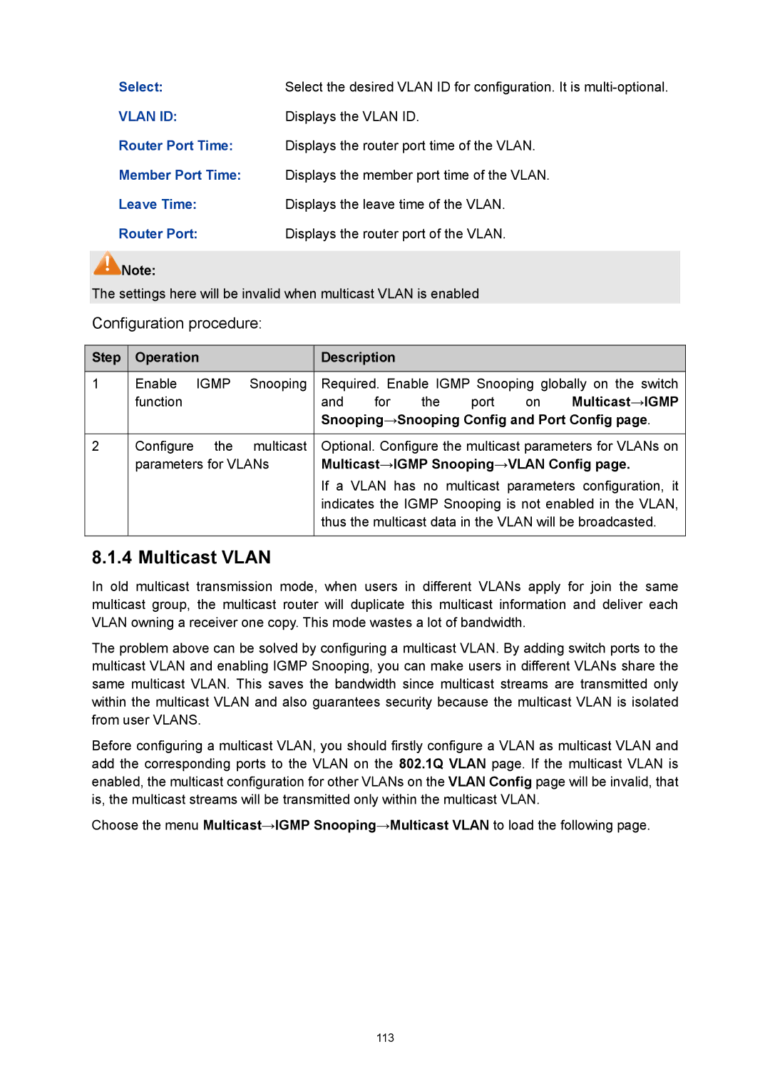 TP-Link TL-SL5428E manual Multicast Vlan, Router Port, Multicast→IGMP, Snooping→Snooping Config and Port Config 