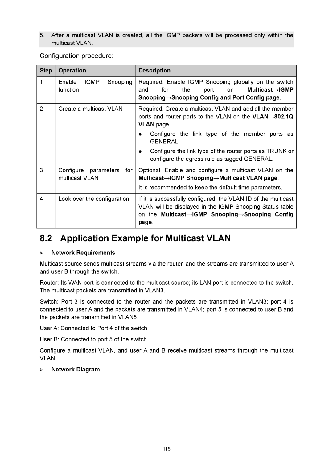 TP-Link TL-SL5428E manual Application Example for Multicast Vlan, Multicast→IGMP Snooping→Multicast Vlan 