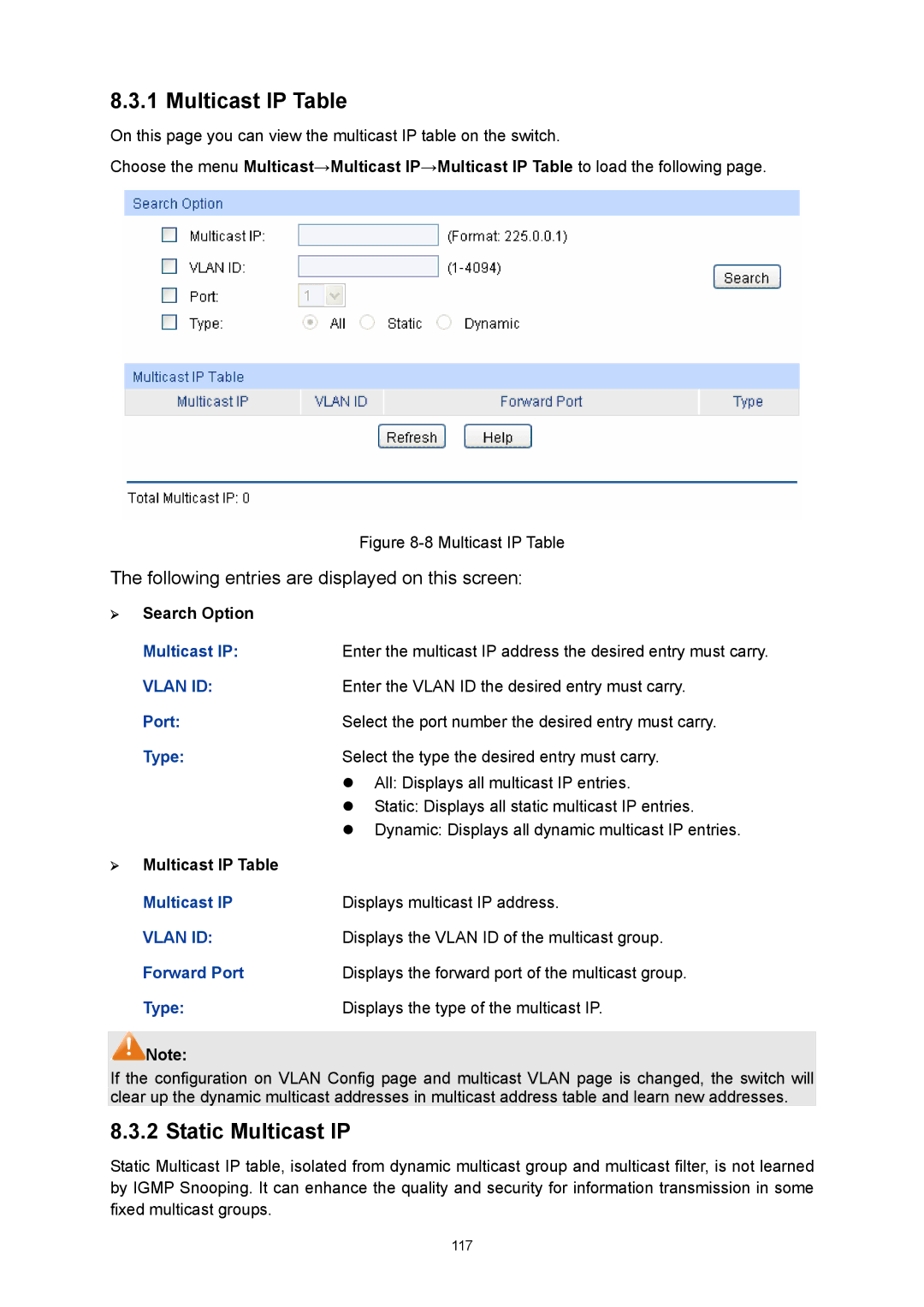 TP-Link TL-SL5428E manual Multicast IP Table, Static Multicast IP 