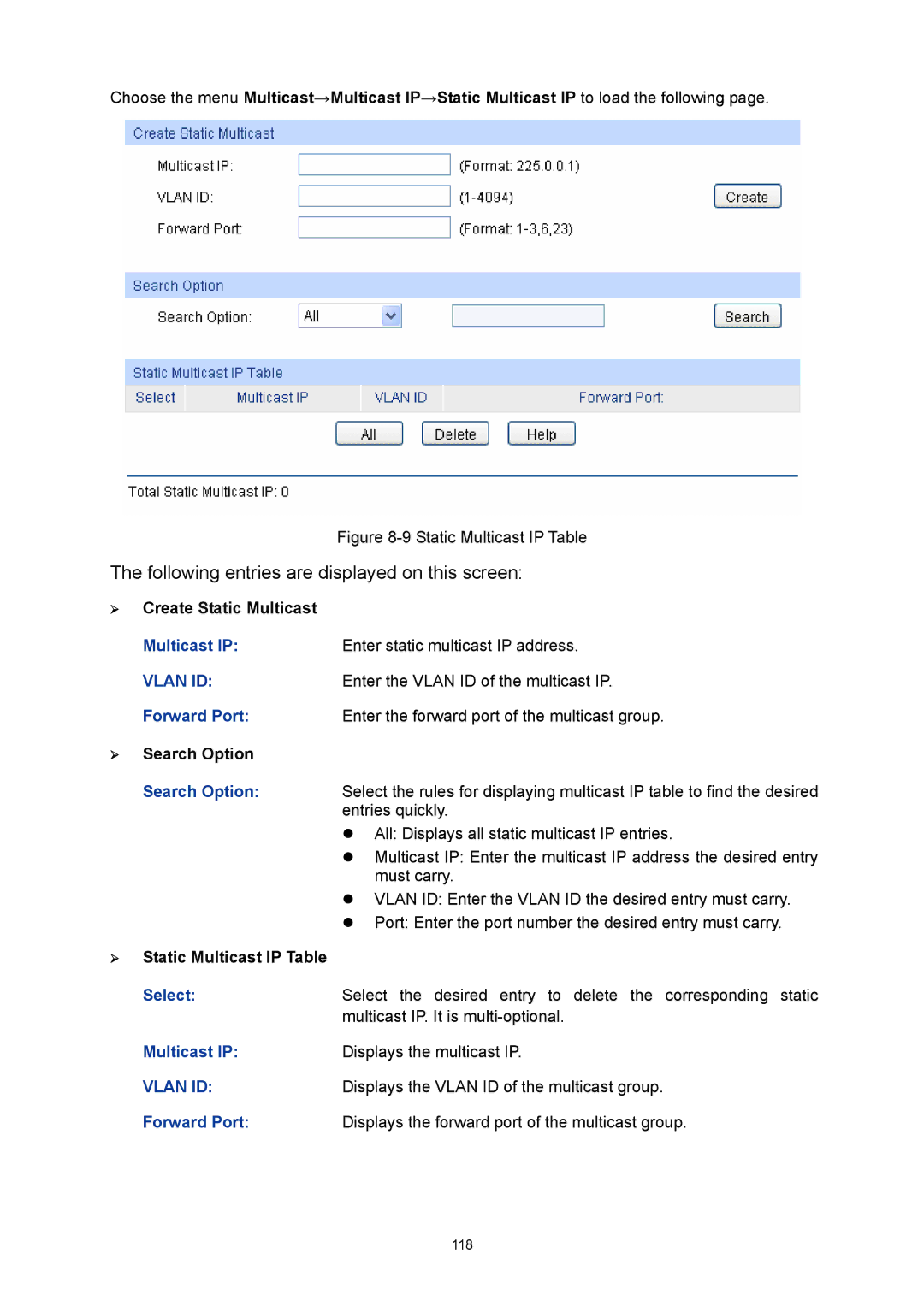 TP-Link TL-SL5428E manual ¾ Create Static Multicast, ¾ Static Multicast IP Table 