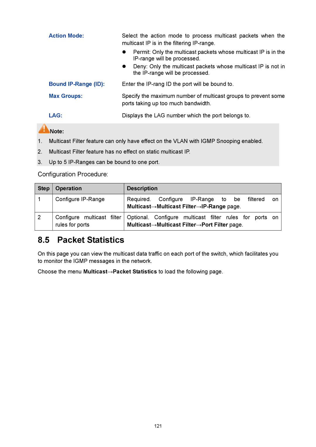 TP-Link TL-SL5428E manual Packet Statistics, Multicast→Multicast Filter→IP-Range, Multicast→Multicast Filter→Port Filter 