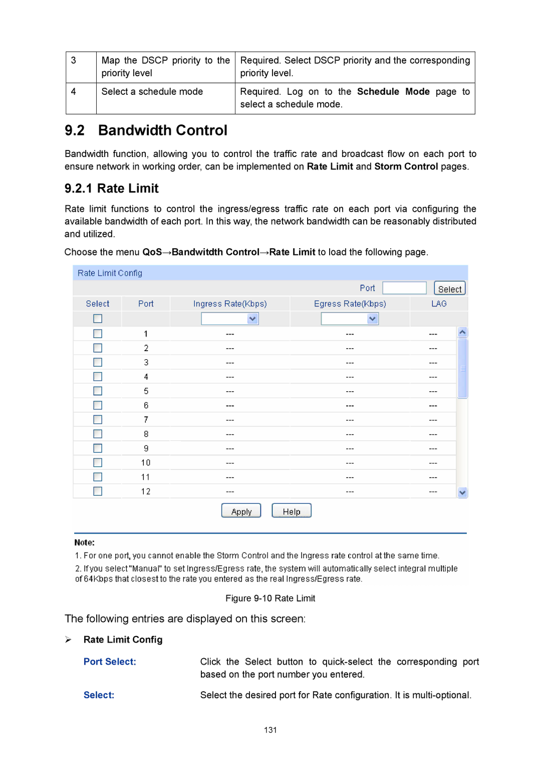 TP-Link TL-SL5428E manual Bandwidth Control, ¾ Rate Limit Config 