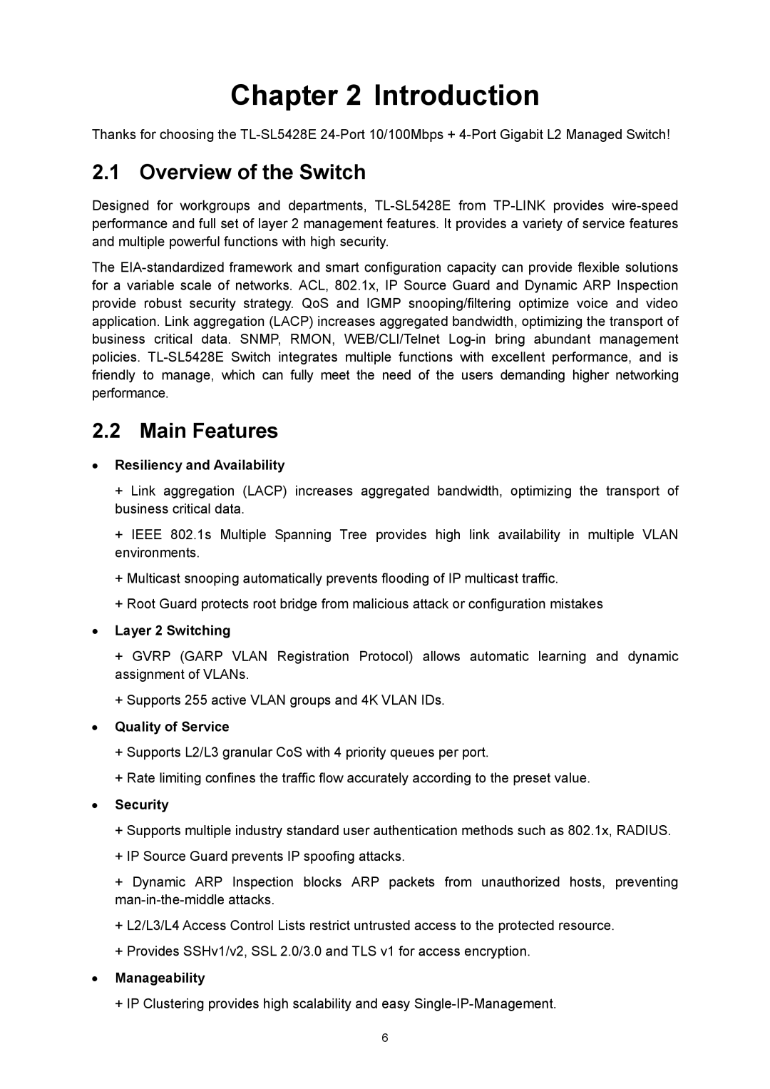 TP-Link TL-SL5428E manual Introduction, Overview of the Switch, Main Features 