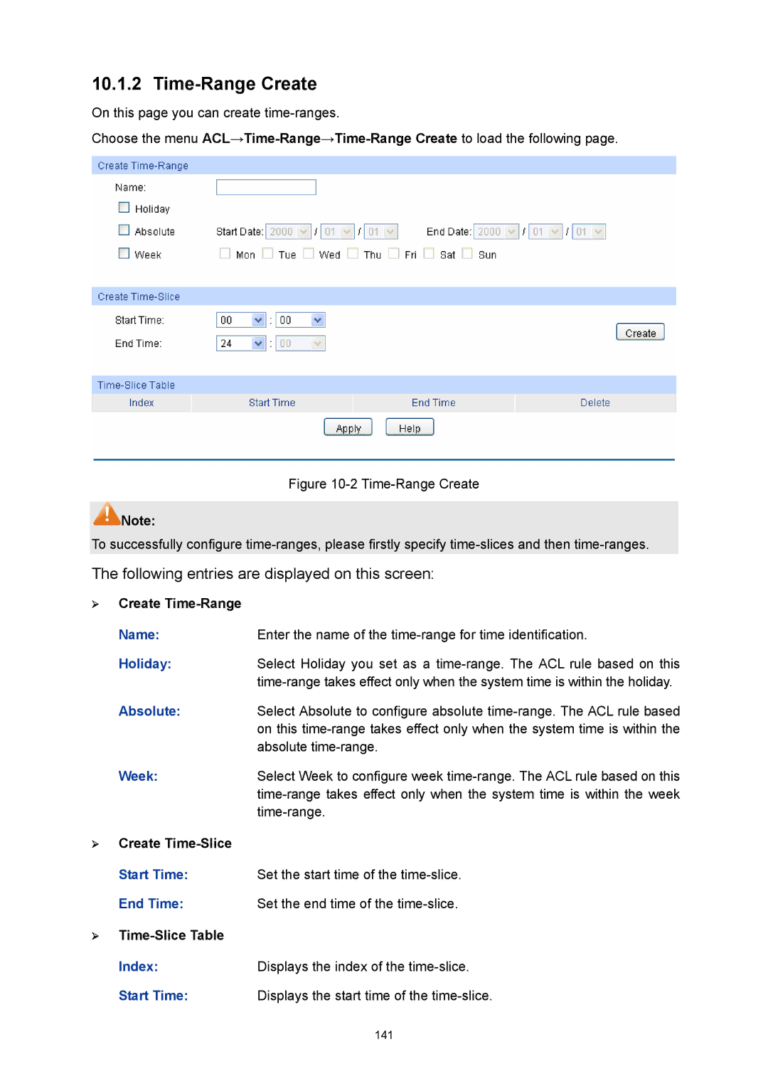 TP-Link TL-SL5428E manual Time-Range Create 