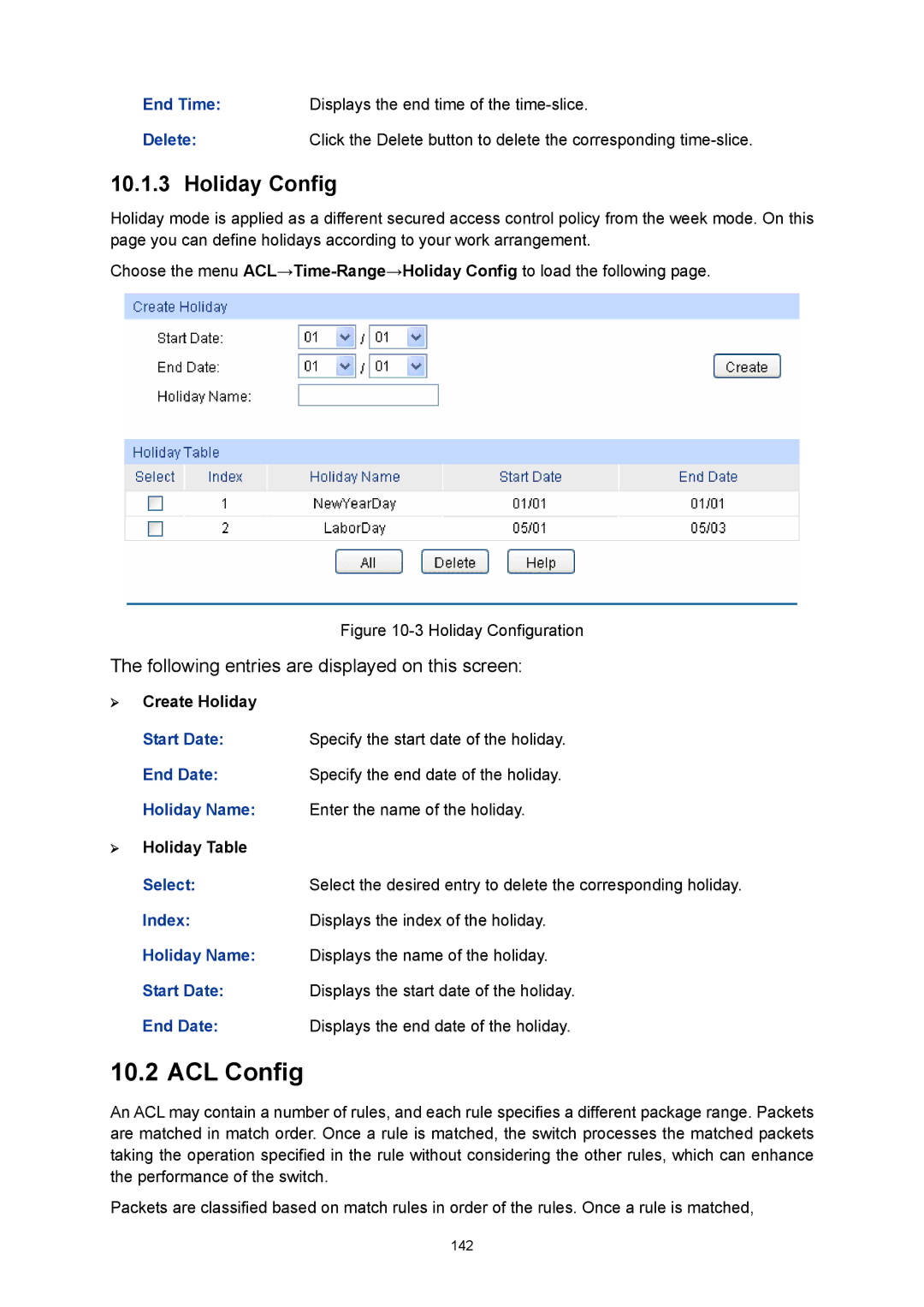 TP-Link TL-SL5428E manual ACL Config, Holiday Config, ¾ Create Holiday, ¾ Holiday Table 