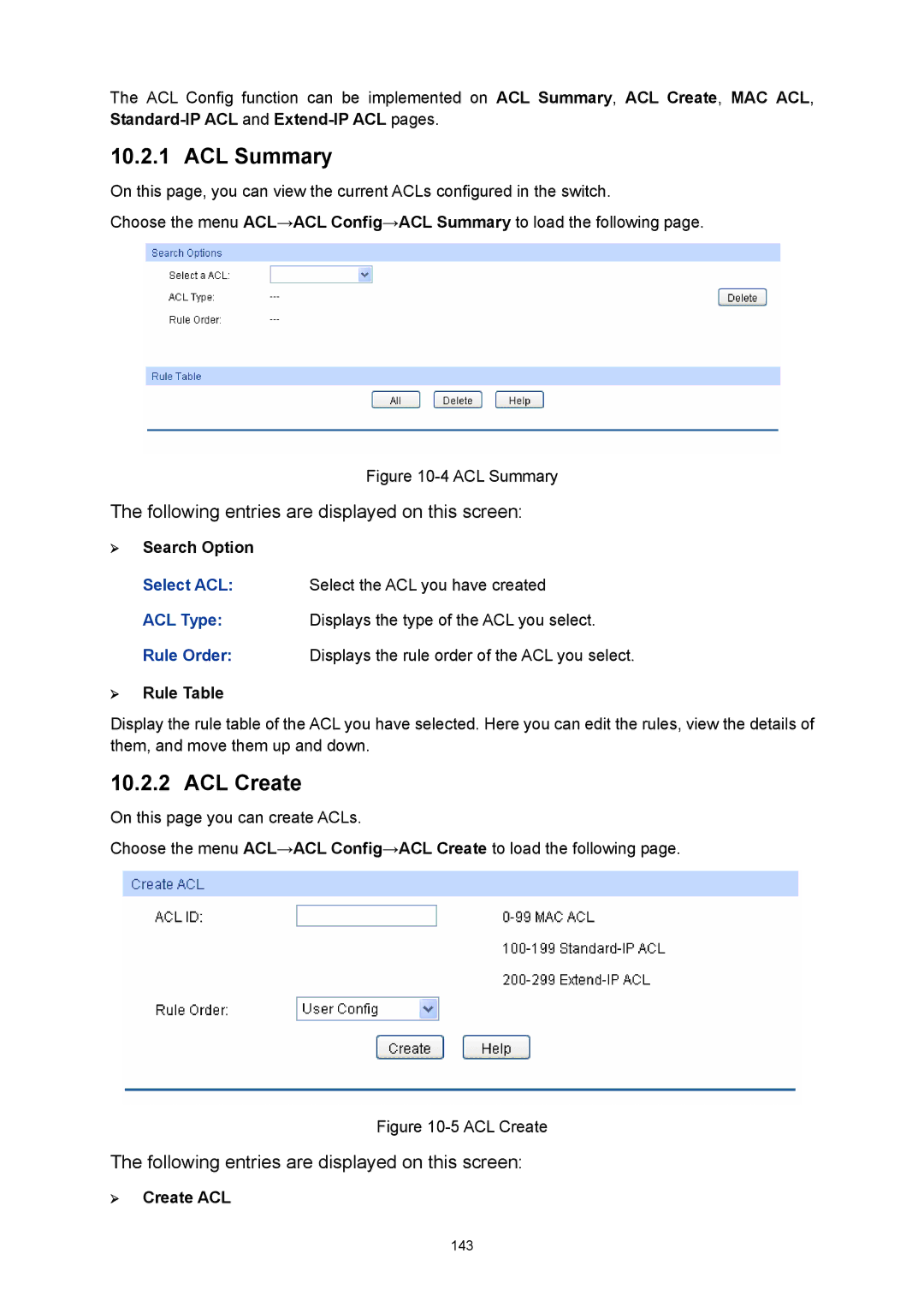 TP-Link TL-SL5428E manual ACL Summary, ACL Create, ¾ Rule Table, ¾ Create ACL 