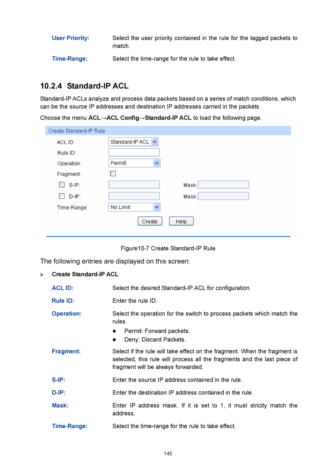 TP-Link TL-SL5428E manual ¾ Create Standard-IP ACL, Fragment, Mask, Time-Range 