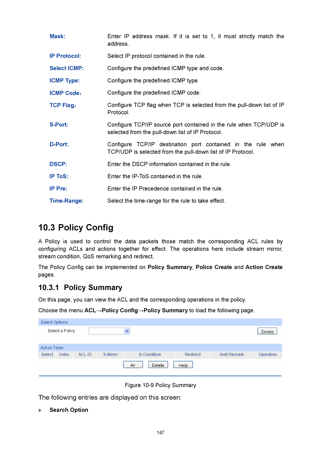 TP-Link TL-SL5428E manual Policy Config, Policy Summary 