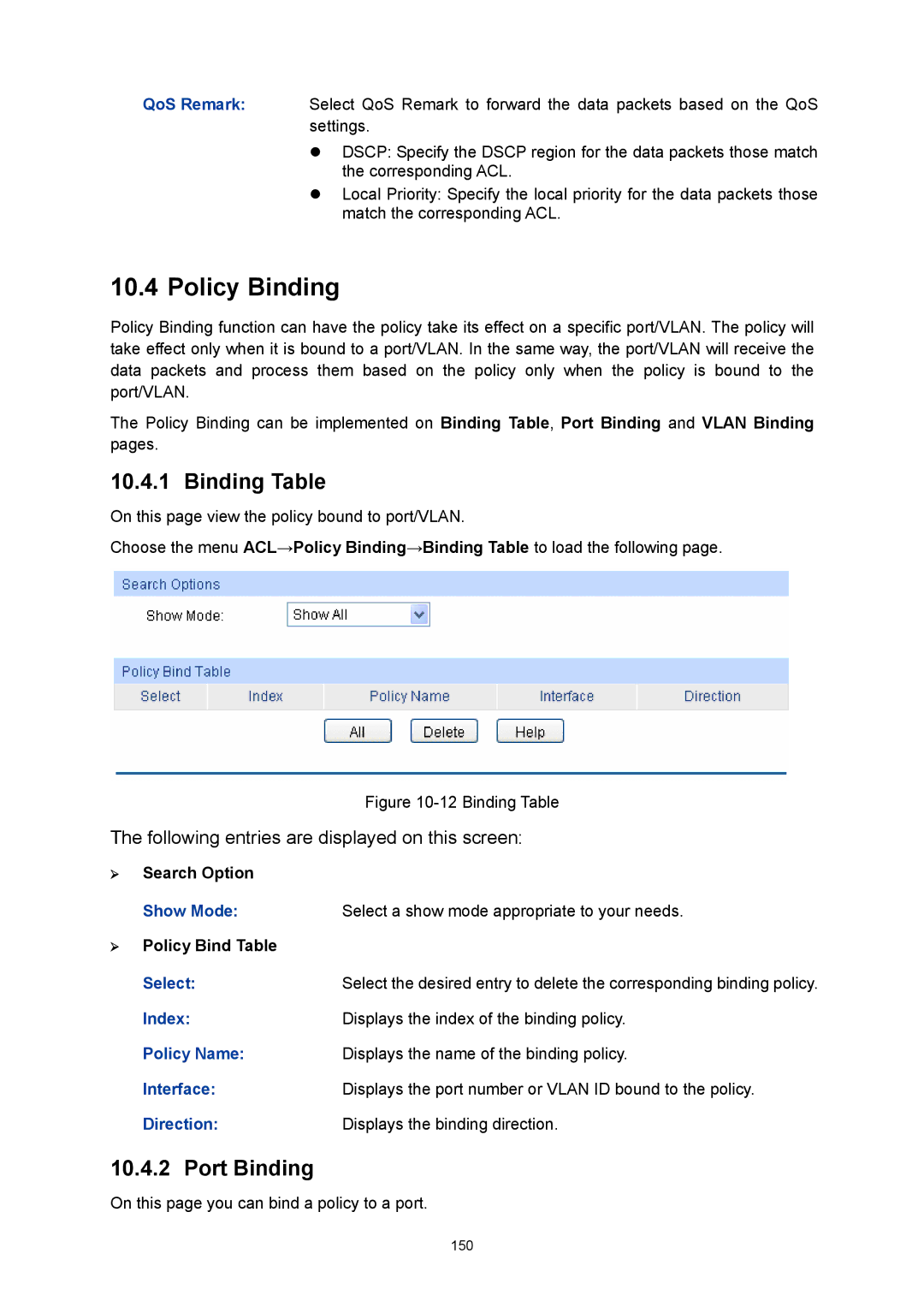 TP-Link TL-SL5428E manual Policy Binding, Binding Table, Port Binding, ¾ Policy Bind Table 