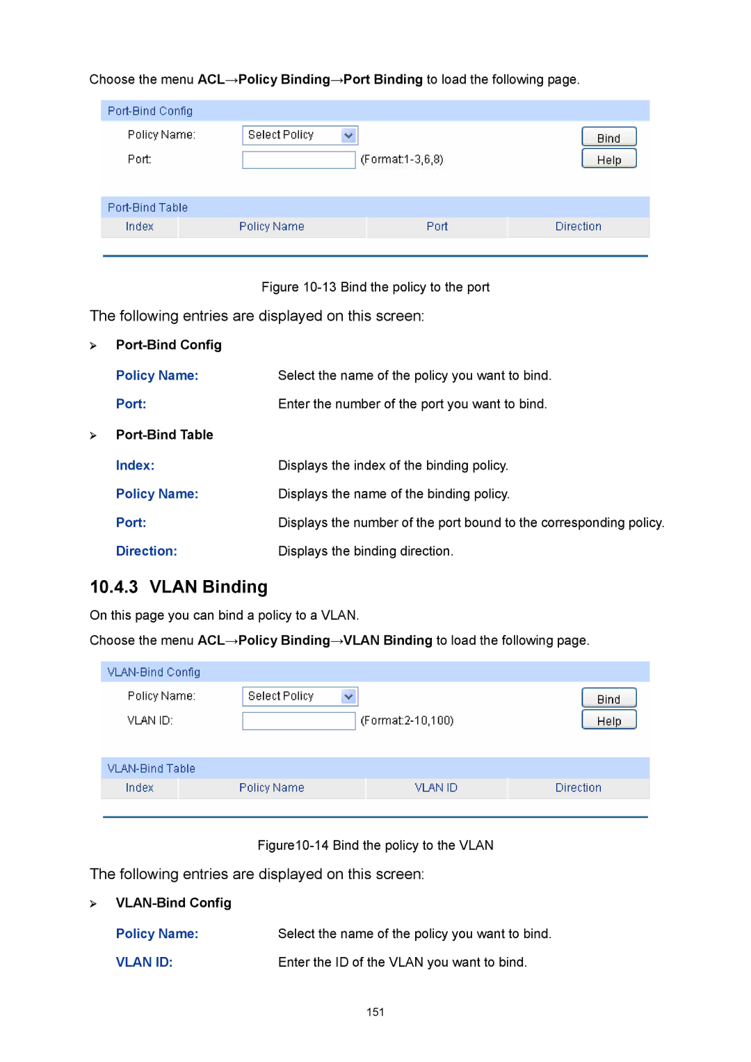 TP-Link TL-SL5428E manual Vlan Binding, Direction Displays the binding direction, Enter the ID of the Vlan you want to bind 