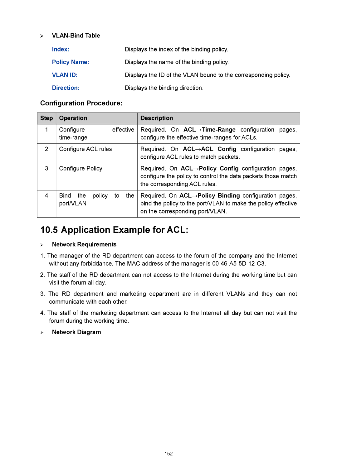 TP-Link TL-SL5428E manual Application Example for ACL, ¾ VLAN-Bind Table 