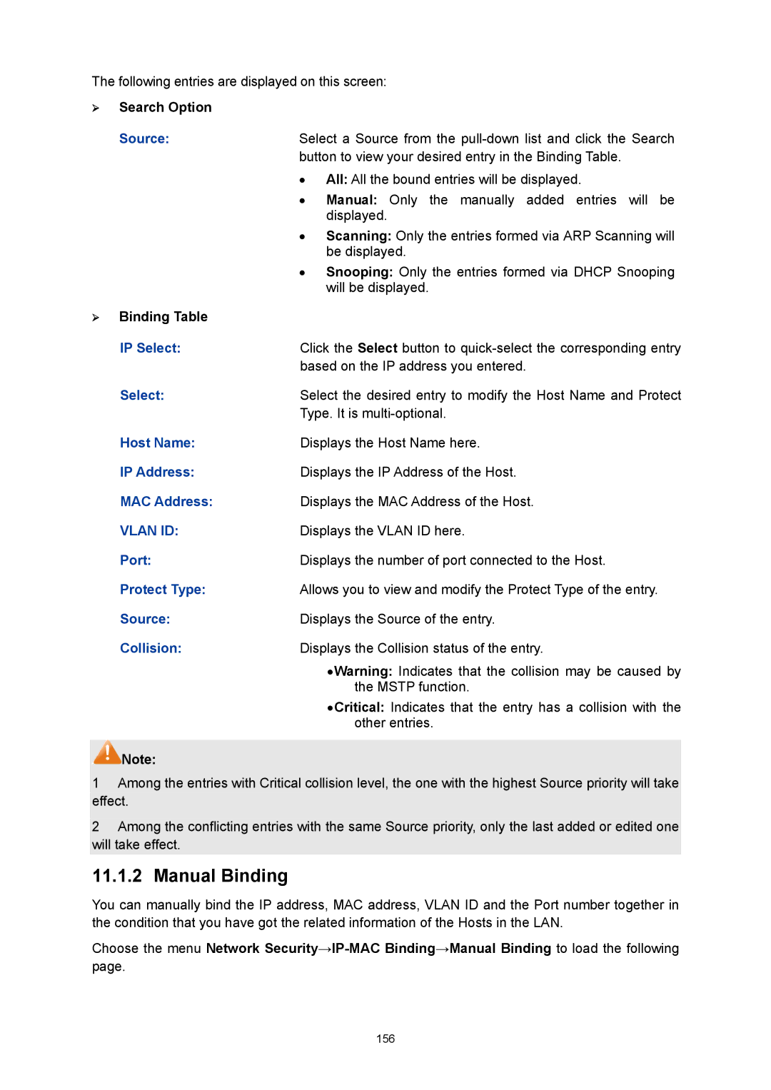 TP-Link TL-SL5428E manual Manual Binding 